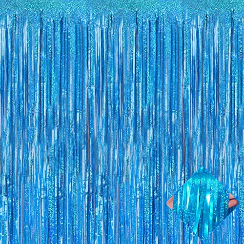 Image of 4 Pack 3.2Ft x 8.2Ft Lake Blue Foil Fringe Curtain Backdrop, Metallic Tinsel Foil Fringe Streamers Curtains Background for Photo Booth, Birthday, Wedding, Disco, Bachelorette, Christmas Party Decor