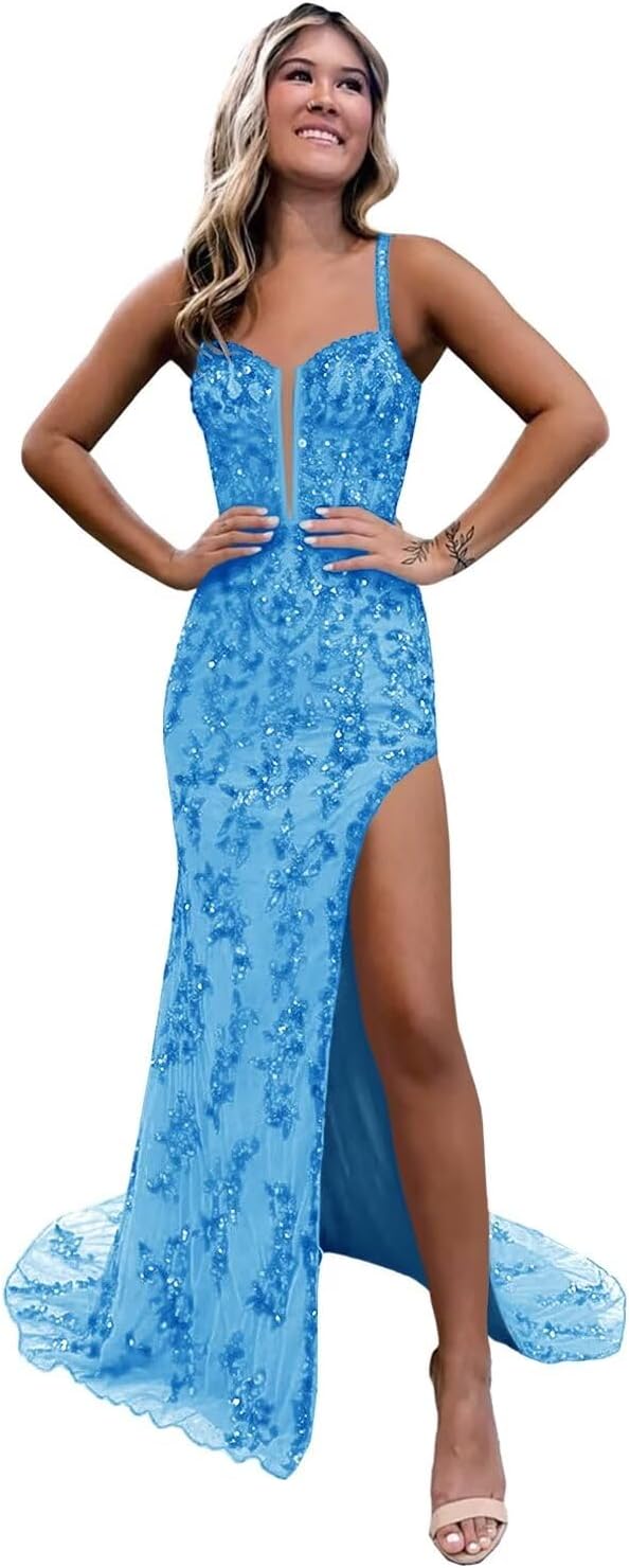 Sparkly Sequin Tulle Mermaid Prom Dress Long for Women Spaghetti Straps Corset Backless Formal Evening Party Gowns