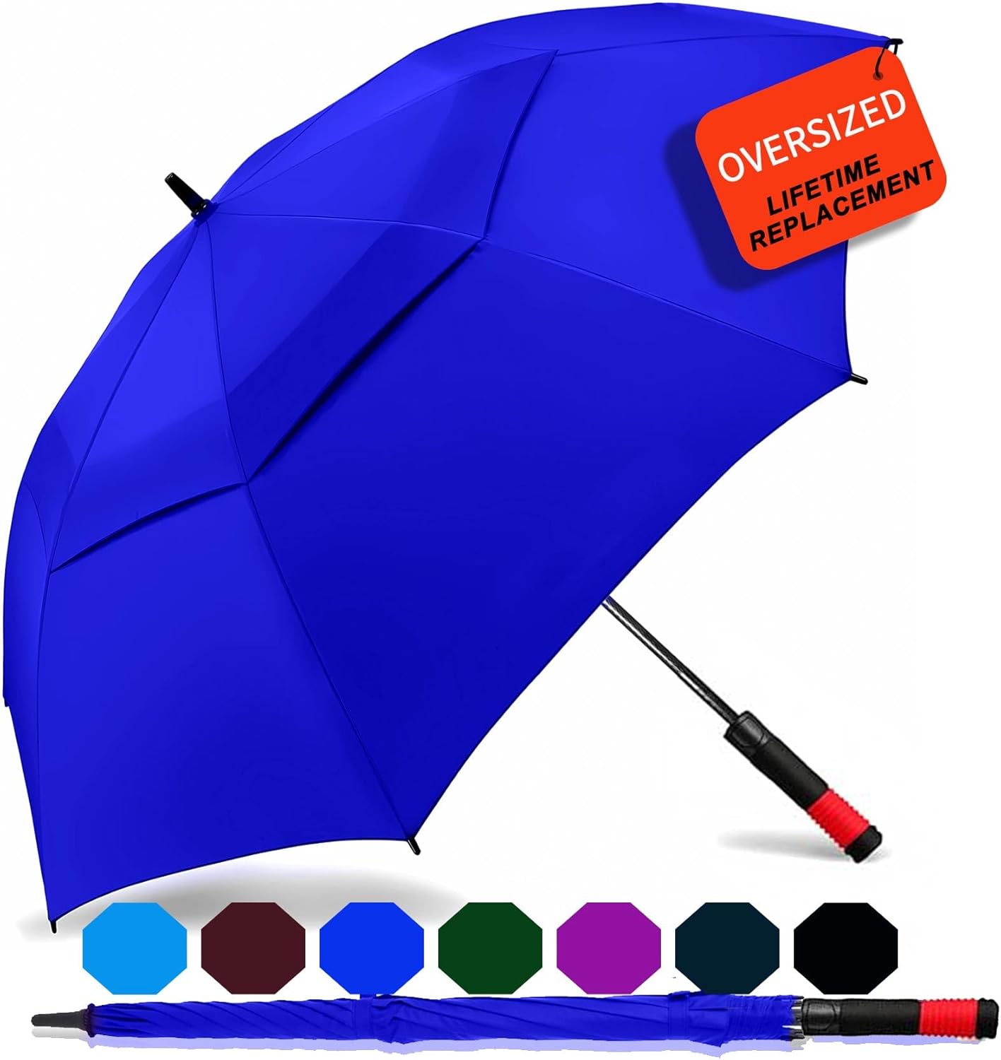 SIEPASA Golf Umbrella Large 62/68/72 Inch Automatic Open Golf Umbrella Extra Large Oversize Double Canopy Vented Umbrella Windproof Waterproof for Men and Women. Royal Blue-Red Handle 68"
