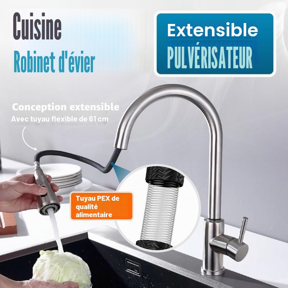 Mitigeur de cuisine extensible en acier inoxydable. 3 fonctions : 2 jets et pause. Robinet extractible pour évier.