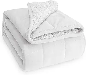 Wemore Sherpa Fleece Weighted Blanket for Adult, 15 lbs Dual Sided Cozy Fluffy Heavy Blanket, Ultra Fuzzy Throw Blanket with Soft Plush Flannel Top, 60 x 80 inches Queen Size White on Both Sides