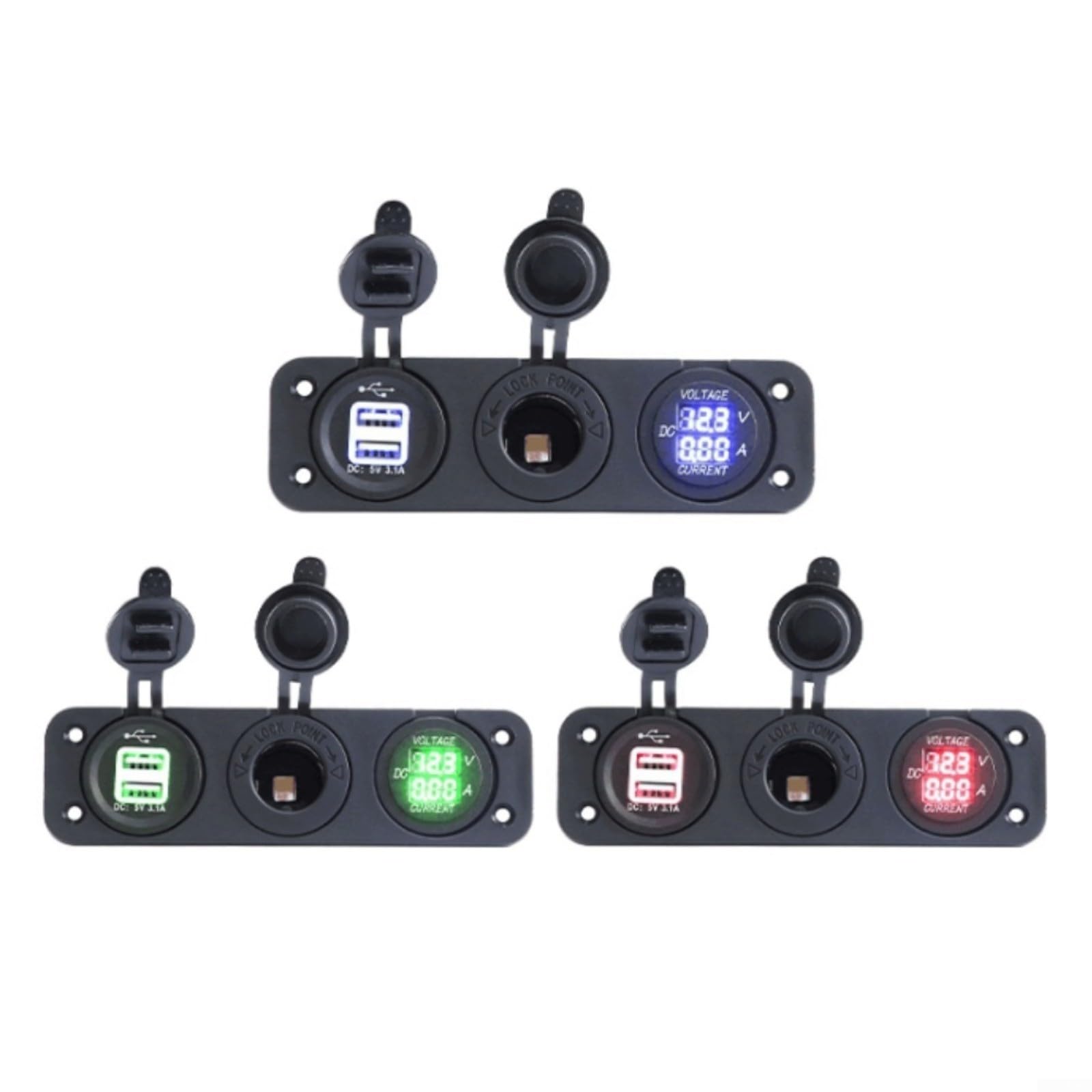 Cargador de coche USB dual con pantalla de voltaje, panel impermeable de 12 V-24 V para auto, RV, barco, marino, azul/verde/rojo (rojo)