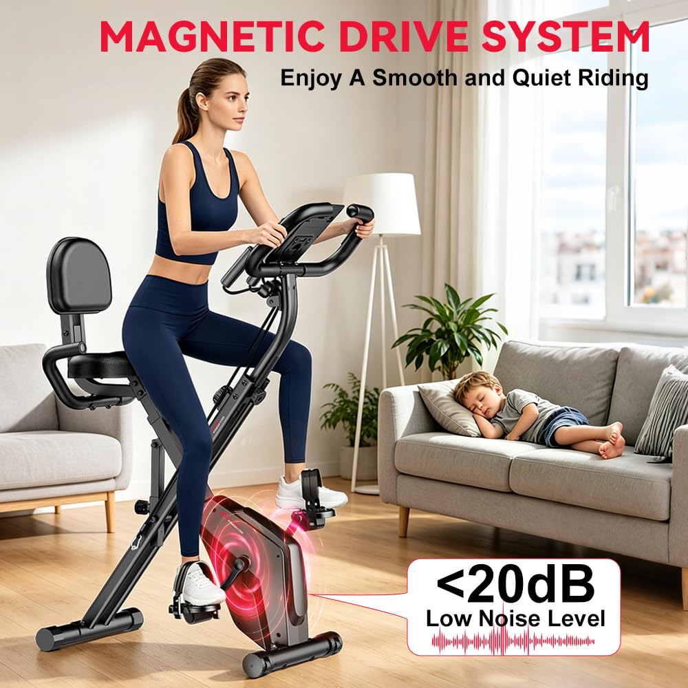 Cyclette pieghevole silenziosa (<20dB) 3 in 1 bicicletta stazionaria con 8 resistenze magnetiche, schermo LCD multifunzionale e supporto tablet, per uso domestico, altezza regolabile 155-190cm