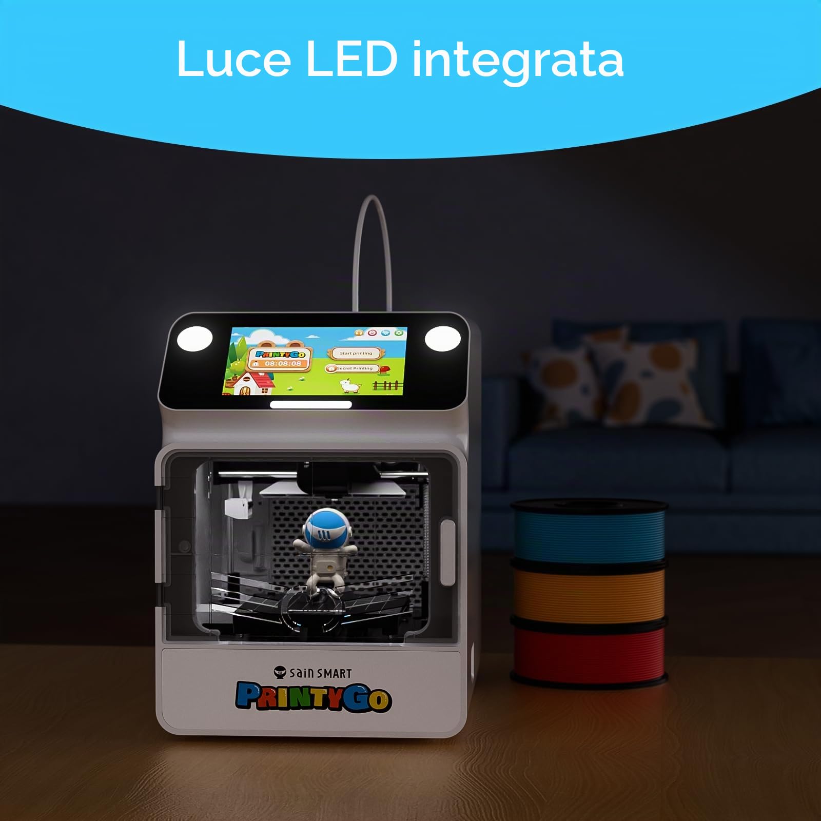 Stampante 3D PrintyGo Mini per bambini, stampante autolivellante da 600 mm/s per principianti con touch screen da 5", design sicuro per bambini, controllo Wi-Fi/app, regalo di apprendimento STEM