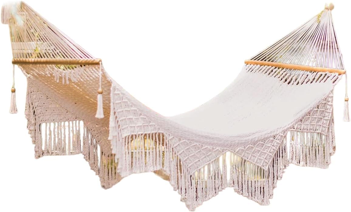 Handwoven Nicaraguan Cotton Rope Hammock with Wooden Spreader Bars with Tropical Decorative Trim