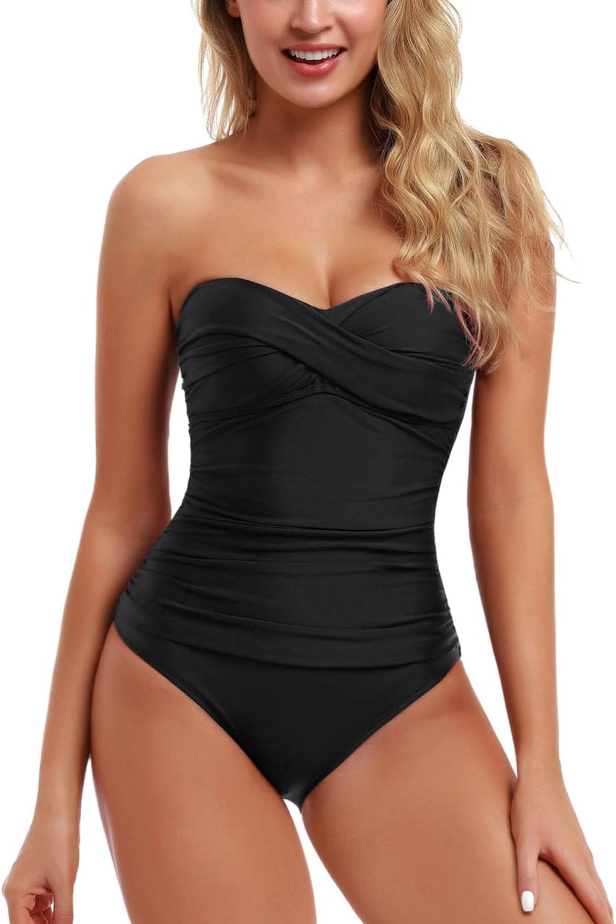 HilorWomen's V-Neck One-Piece Swimsuit Shirred Swimsuit Monokinis Ruffle Swimwear