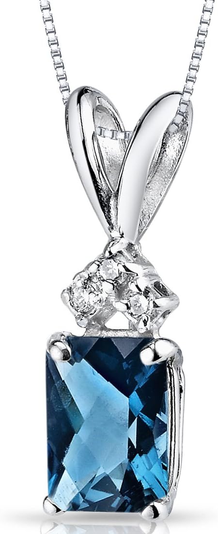 PEORA London Blue Topaz with Genuine Diamond Pendant in 14 Karat White Gold, Elegant Solitaire, Radiant Cut, 7x5mm, 1 Carat total, December Birthstone Necklace, Gold Necklace, w/Jewelry Box
