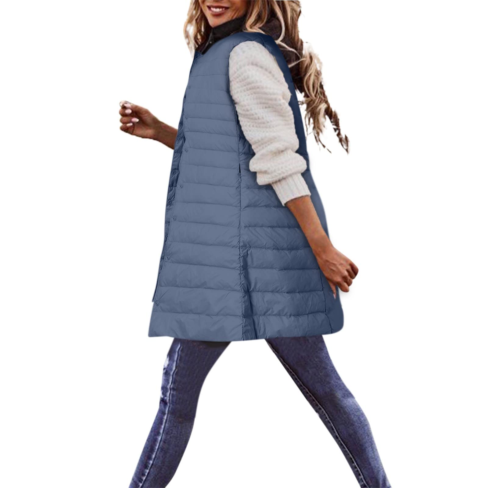 Generisch Gilet in piuma da donna, lungo, leggero, trapuntato, da donna, taglie forti, caldo, per le mezze stagioni, senza maniche, in tinta unita, con colletto alto, in cotone, casual, per attività