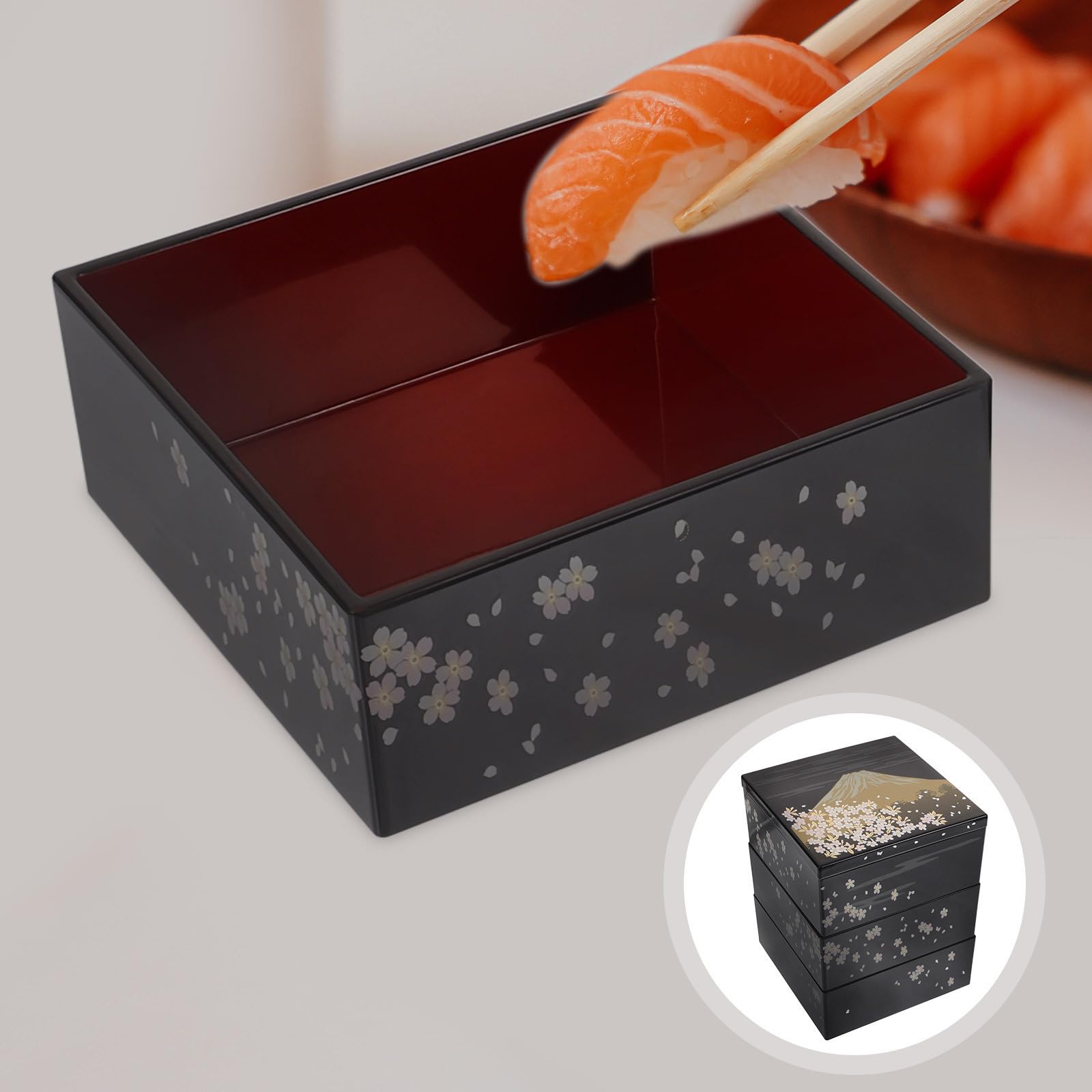 UKCOCO Contenitore per Pranzo Giapponese Stile Tradizionale Motivo Monte Fuji, Scatola Bento in Plastica Nera a 3 Strati, Sicura per Uso Quotidiano per Snack e Dessert in Famiglia