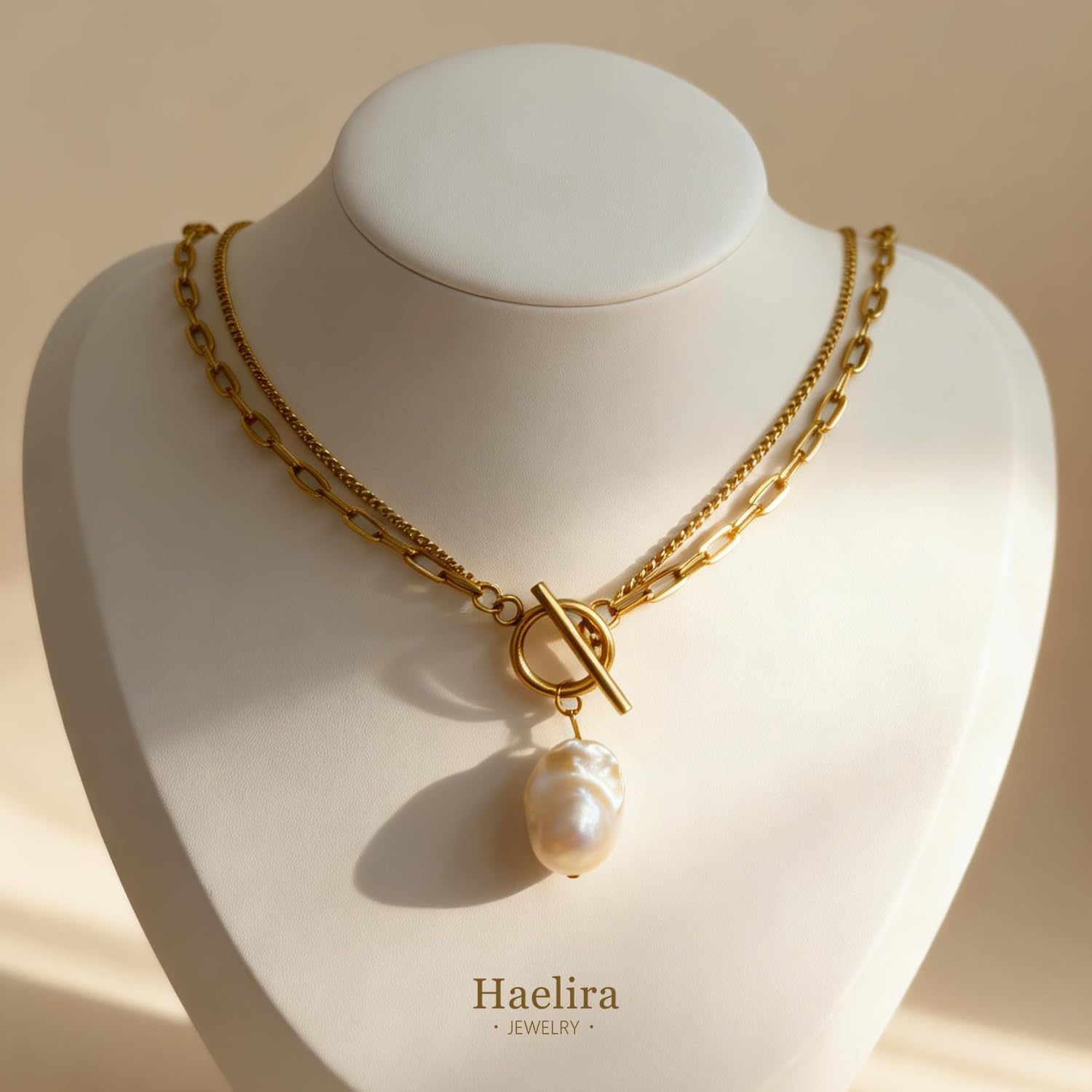 Chunky 18k Gold Necklace for Women, Double Chain Baroque Pearl Necklace, Fashion OT Toggle Jewelry Handmade for Women Simple Gold Charm Necklace for Birthday Anniversary Christmas Gift