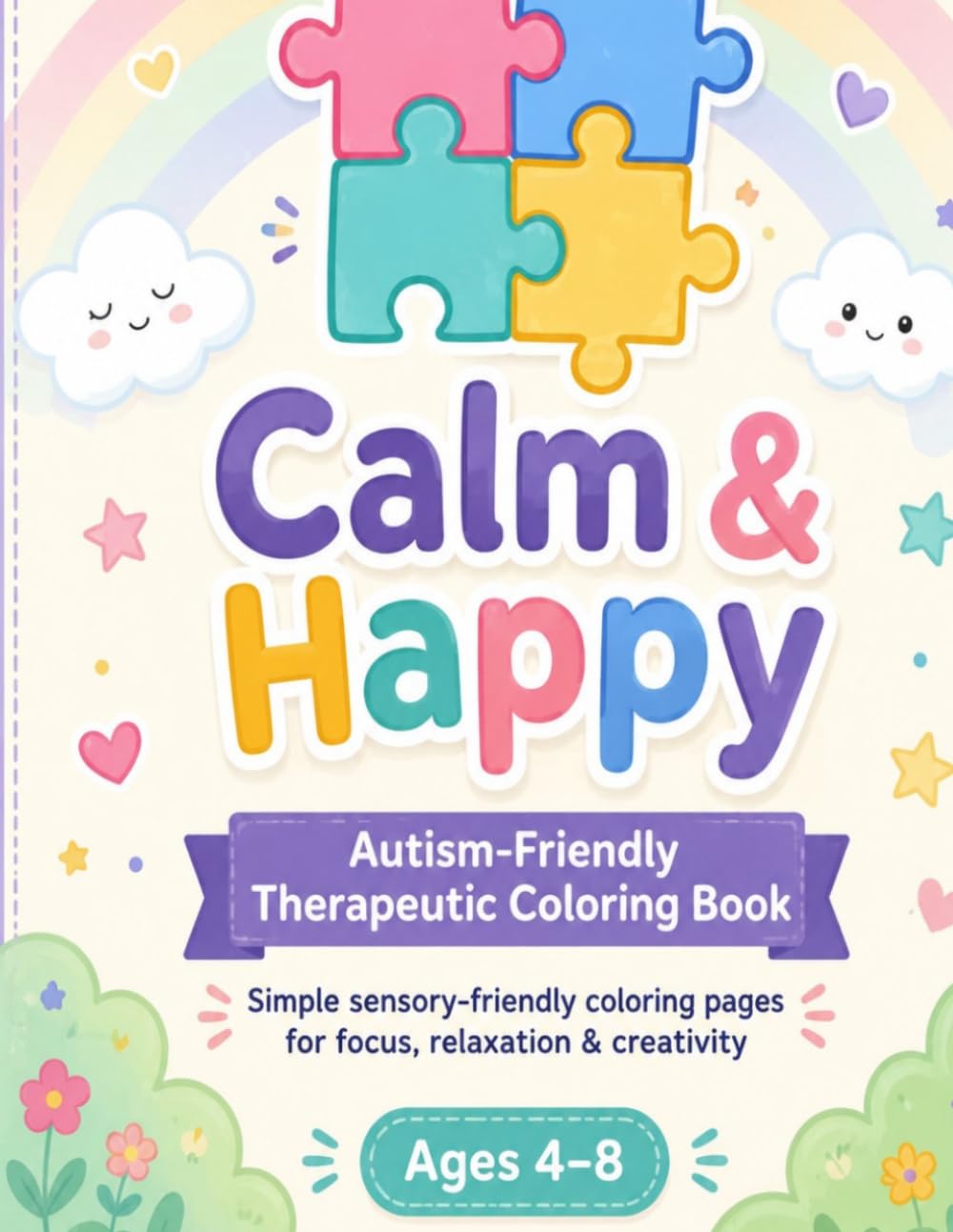 Calm & Happy: Autism-Friendly Therapeutic Coloring Book Ages 4-8