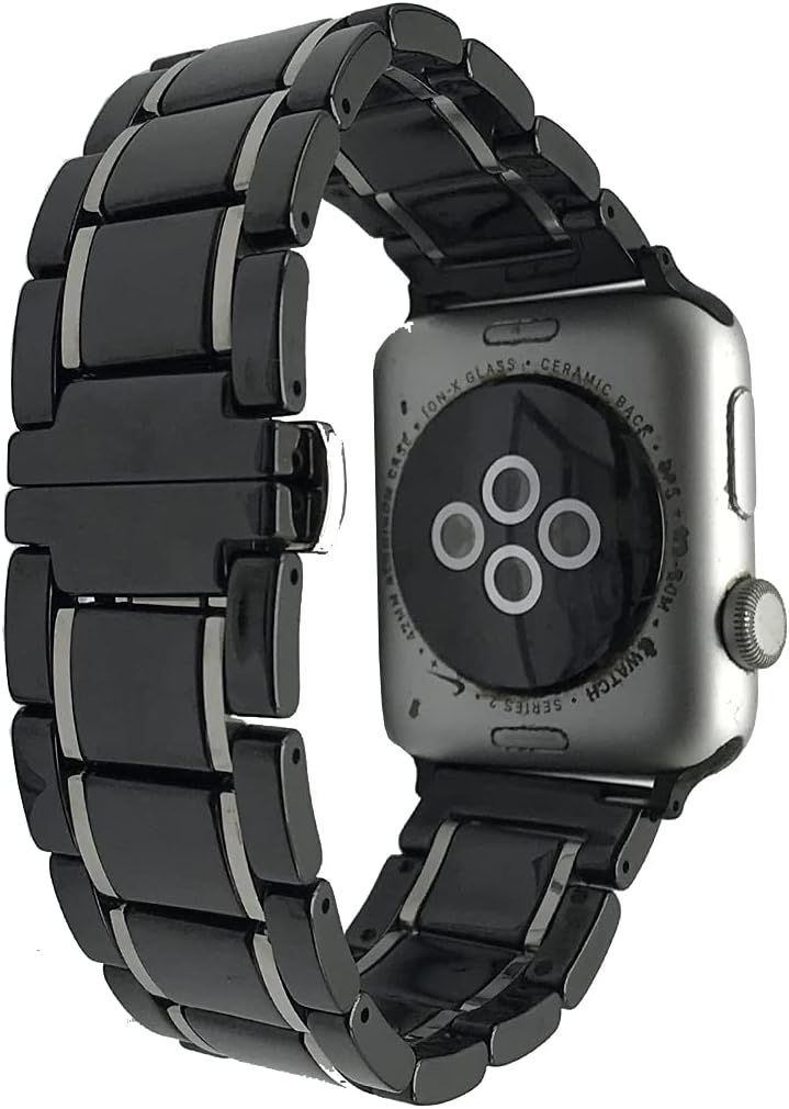 MeShow 49mm/45mm/44mm/42mm Two Tone Ceramics Stainless Steel Removable Link Strap Bracelet Watch Band with Stainless Steel Butterfly Buckle Clasp for iWatch Series 8/7/SE/6/5/4/3/2/1/ultra