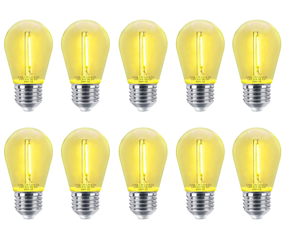 Long Life Lamp Company 10 Pack 1w LED Coloured Lights Bulbs Clear Glass Edison Screw E27 Retro Vintage Filament Decorative and Festoon Lamps 8 Options (Yellow)