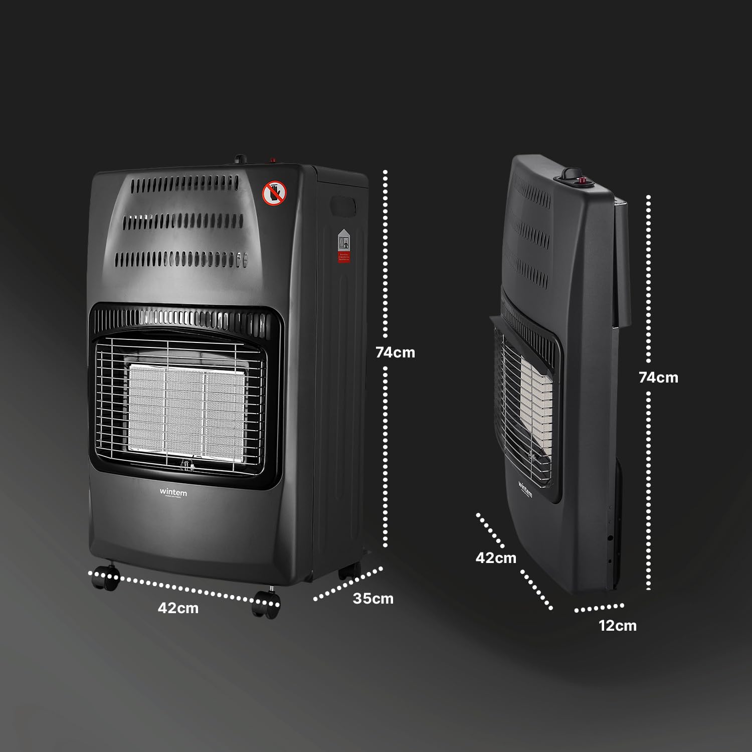 Wintem Estufa de gas negra a GLP, 4,2 kW, con 3 niveles de calentamiento y encendido seguro piezoeléctrico. Fácil de mover gracias a las cómodas ruedas. Ideal para ambientes interiores