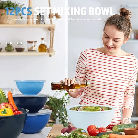 BoxedHome 12-Piece Salad Bowl with Lid Made of BPA-Free Plastic Blue Stackable Mixing Bowl Set Reusable Dishwasher Safe Ideal for Camping Picnics Baking and Cooking