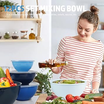 BoxedHome 12-Piece Salad Bowl with Lid Made of BPA-Free Plastic Blue Stackable Mixing Bowl Set Reusable Dishwasher Safe Ideal for Camping Picnics Baking and Cooking