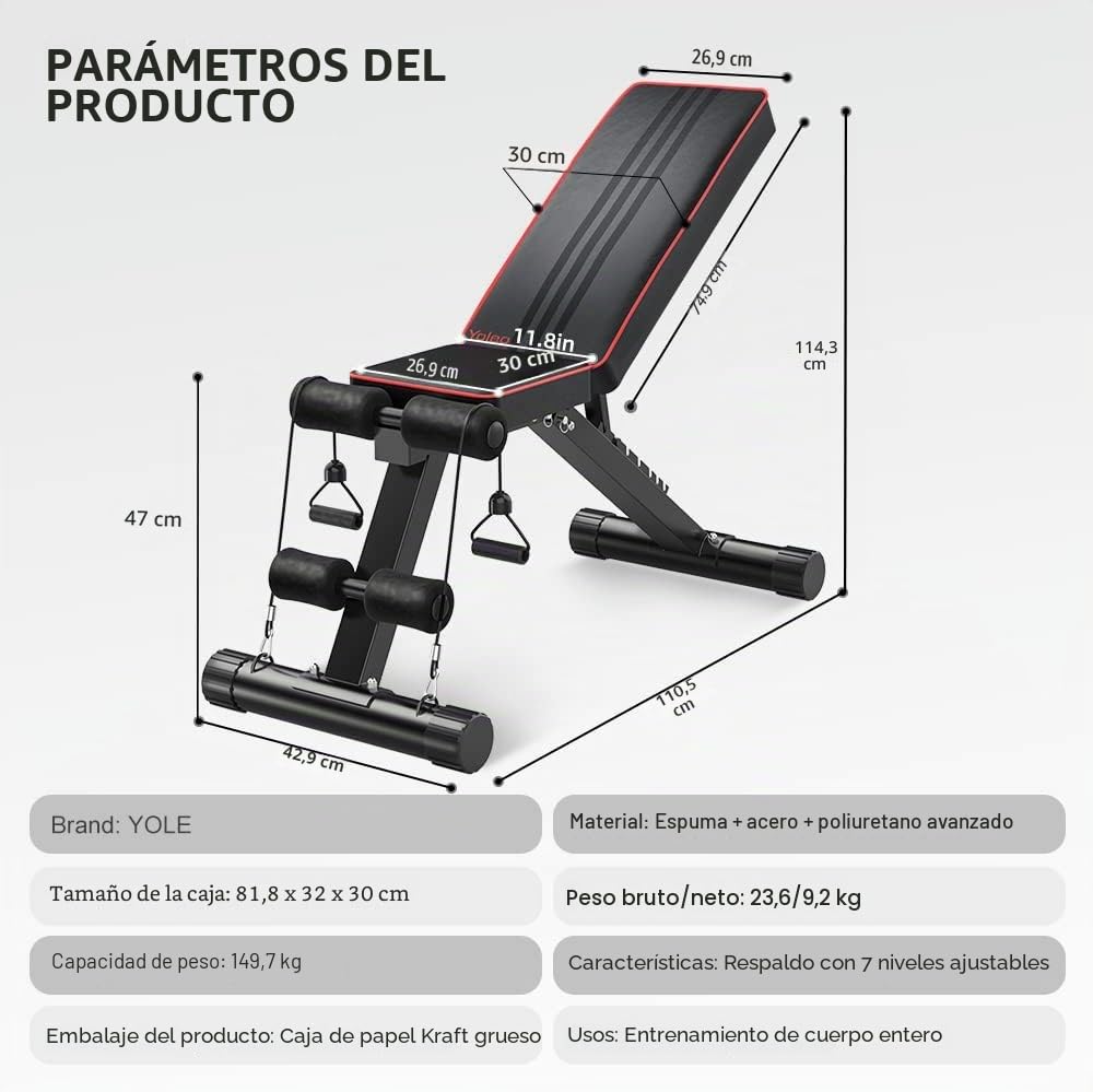 YOLEO Banco de pesas plegable multifunción para entrenamiento, fitness, abdominales, banco inclinado con 6 posiciones, respaldo ajustable, cojín de asiento ajustable en 3 posiciones, carga 300 kg