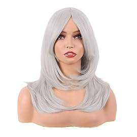 MapofBeauty 20 Inch/50 cm Long Layered With Bangs Straight Synthetic fiber Shoulder Length Hair for Daily Use or Party Wig (Silver)