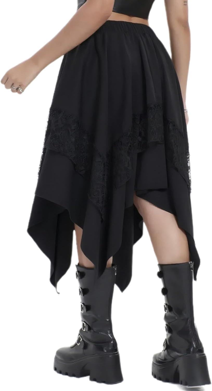 Women's Renaissance Flowy Asymmetrical Goth Midi Skirt Western Fairy Lace Layered Boho Steampunk Skirts - Image 2
