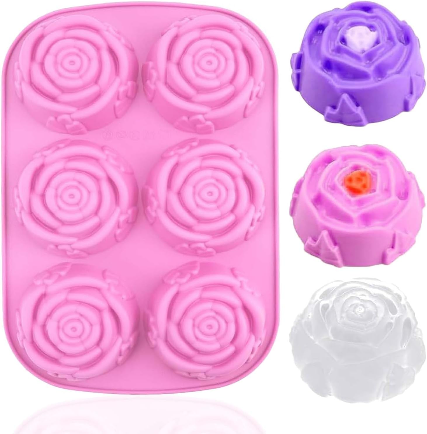 Rose Ice Cube Mold, 6 Cavity Rose Ice Molds for Cocktails, Flower Shaped Silicone Mold for Chocolate Cake Pop Soap Fondant Cookie Cupcake Baking Tray, BPA Free, Pink