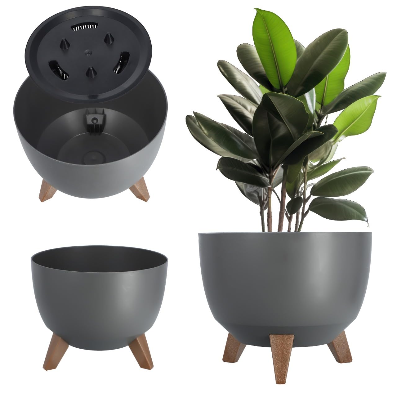 KADAX Plastic Flower Pot with Three Stands, Round Flower Bowl, Flower Pot, Flower Pot, Flower Pot, Balcony, Living Room (39.5 cm, Anthracite) — view 32