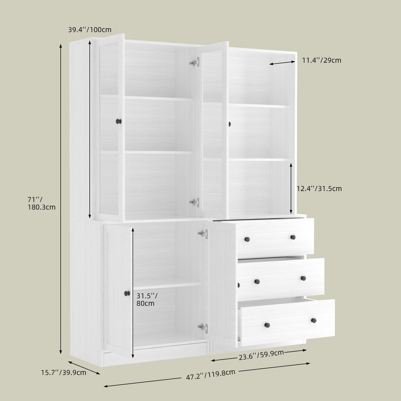 VOWNER Estantería con Puertas, 180 cm Vitrina de Cristal, Librería de 6 Niveles con Puertas y Armario, Vitrina Salón, Aparador Comedor, Aparador Cocina, Estantería Oficina, A+B(Blanco)