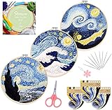 Santune 3 Sets Embroidery Cross Stitch Kits with Instructions,Needlepoint Kit with 3 Stamped Clothes,1 Hoop and 6 Needles,Mothers Day Gifts
