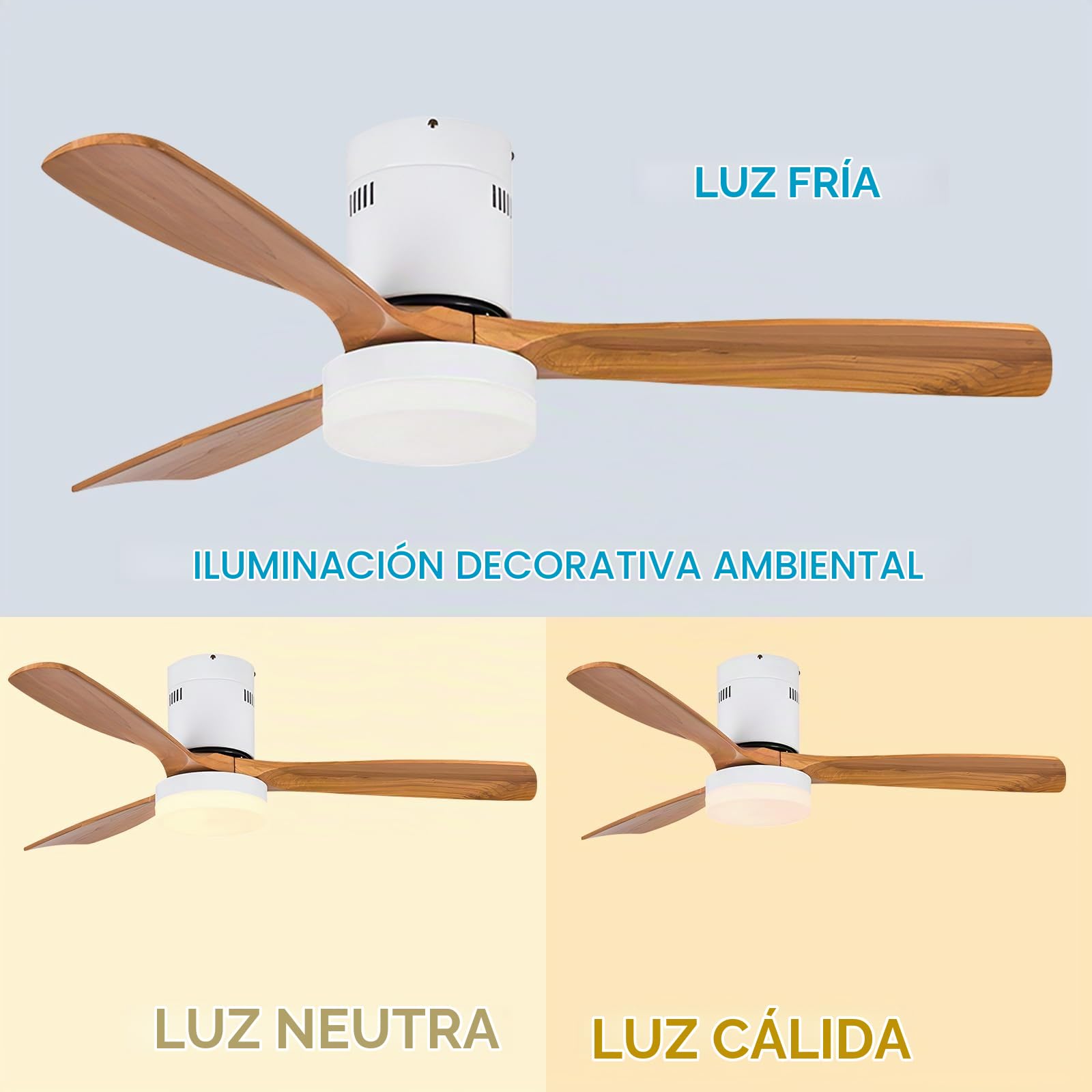 Ventilador de techo con luz blanco aspas efecto madera clara y mando / 40W, Silencioso, 3 temperaturas de luz, Ø132 cm, 6 velocidades,temporizador, función verano-invierno