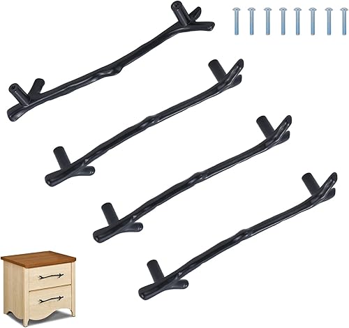 Pomos vintage para cajones, pomos de tocador con ramitas de árbol negro, tiradores de aleación de zinc, doble agujero, 4 piezas (negro, 5.039 in)