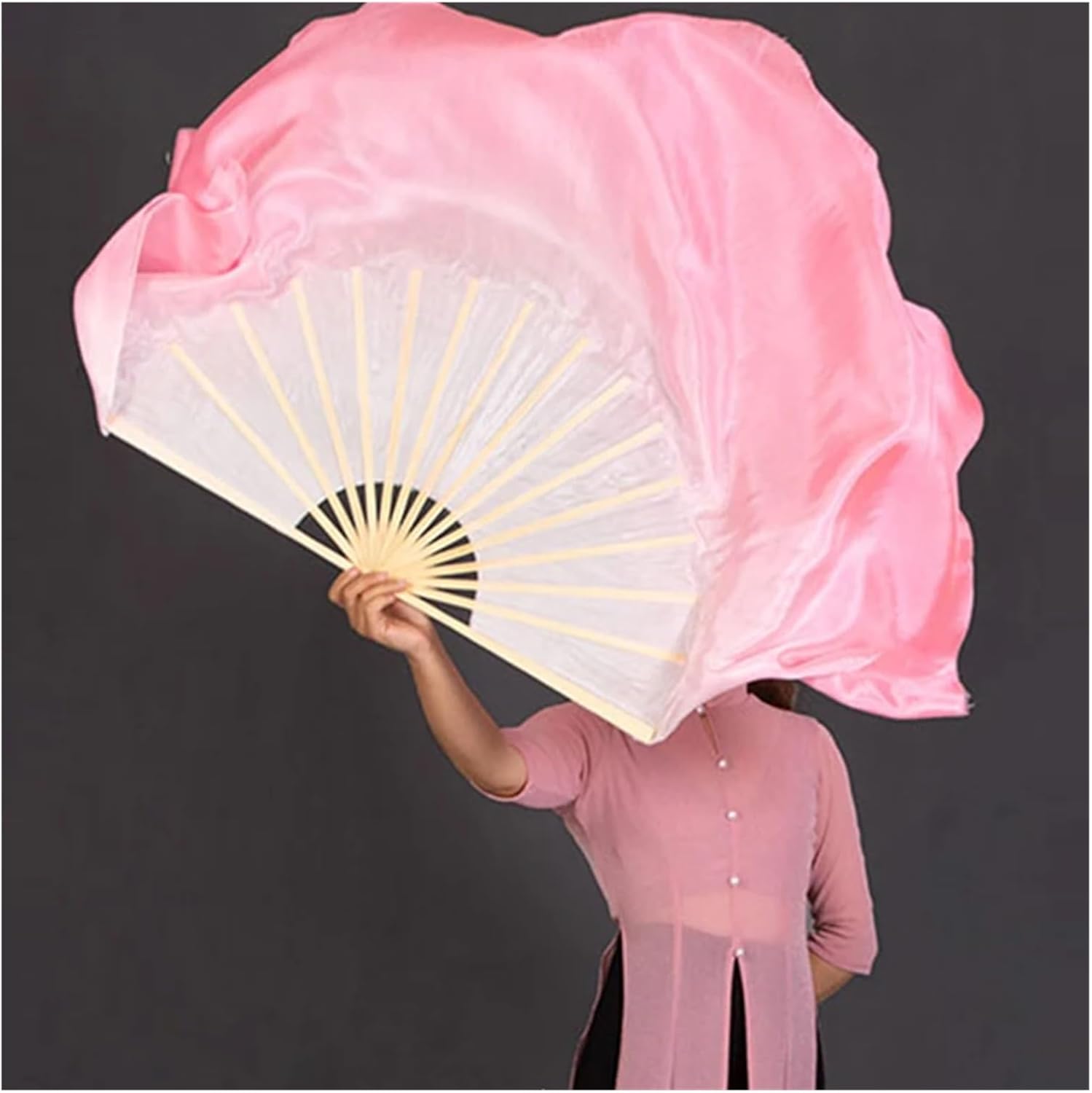 50cm Women Folk Dance Fan Pink Half Circle Gradient Imitation Silk Veil Classical Hand Square
