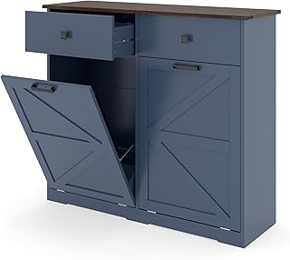 Farmhouse Double Tilt Out Trash Cabinet for 20 Gallon Garbage Cans, Wooden Kitchen Recycling tilt Out Trash can Cabinet with 2 Storage Drawers (Antique Blue)