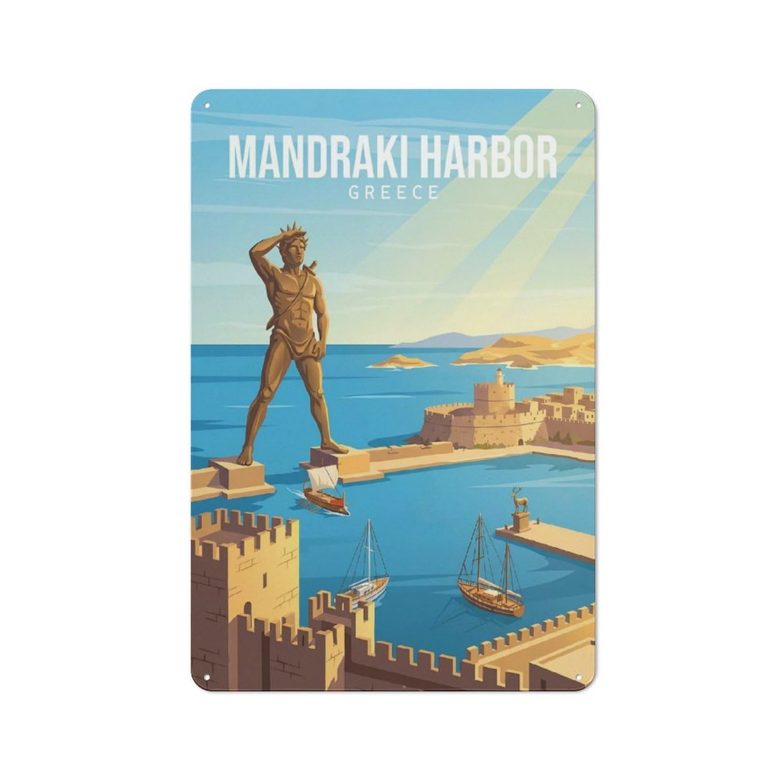 Junmoney Style-6 Mandraki Harbor Greece Decorative Tin Sign 30X20cm, Distressed Look Vintage Wall Decor For Lounge, Study, Pub Or Wall Gallery