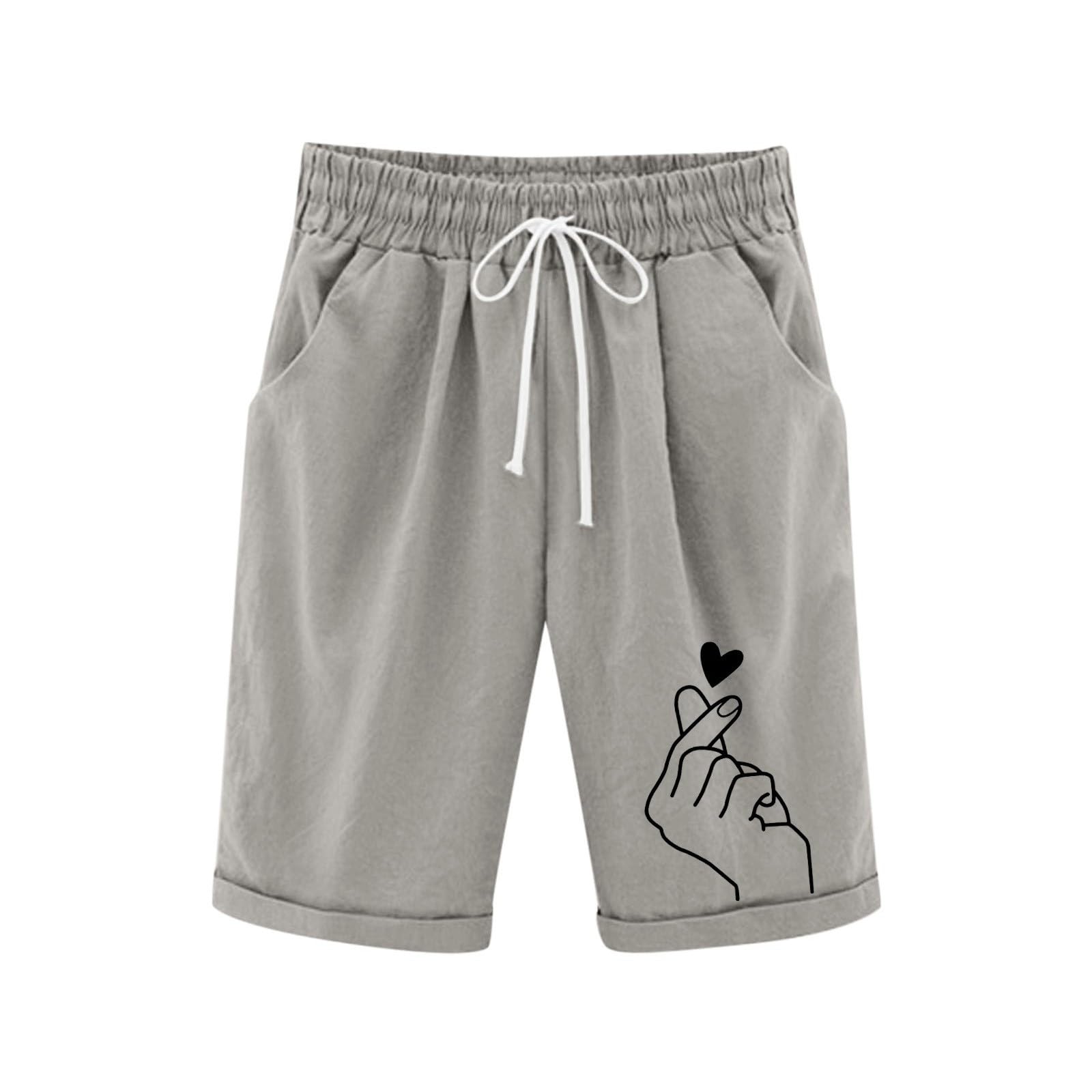 Generisch Leinenhose Kurze Mädchen Leicht Shorts Sommer Freizeit Hose Baumwolle Leinen Strandshorts Elastische Taille Sommerhose Elegant Einfarbig Stoffhose mit Taschen Sweatshorts