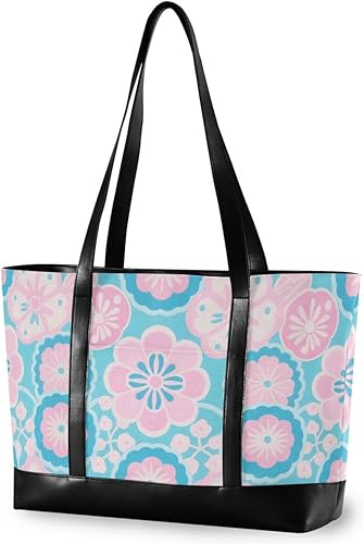 KLL Pink Blue Japanese Zephyre Cherry Blossoms modern women laptop bag with zipper laptop travel bag Large Handbag for Travel Gym Vacation with