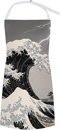 MUSM Apron for Adults - 27.6 X 31.5 Inch, Heavy-Duty Polyester Aprons with Two Large Pockets, Waterproof Kanagawa Black Waves Kitchen Apron for