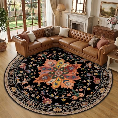 RELEANY Washable Area Rug, Round 10ft, Black/Colorful
