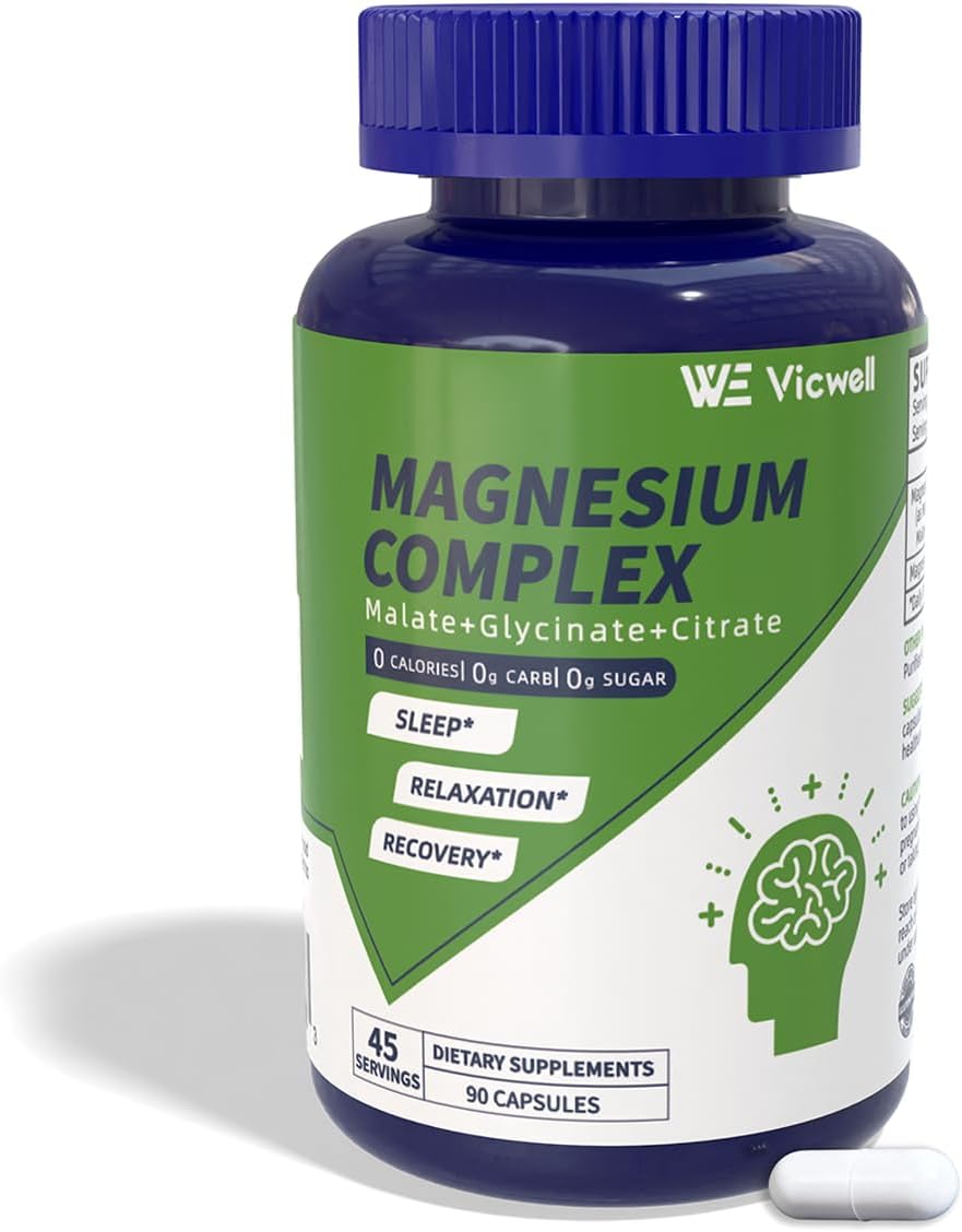Triple Magnesium Complex - 300mg Magnesium from Malate, Glycinate, and Citrate - Supports Stress Relief & Sleep, Nerves & Metabolism, Muscle Relaxation & Bone Health - 90 Capsules(1 Bottle)