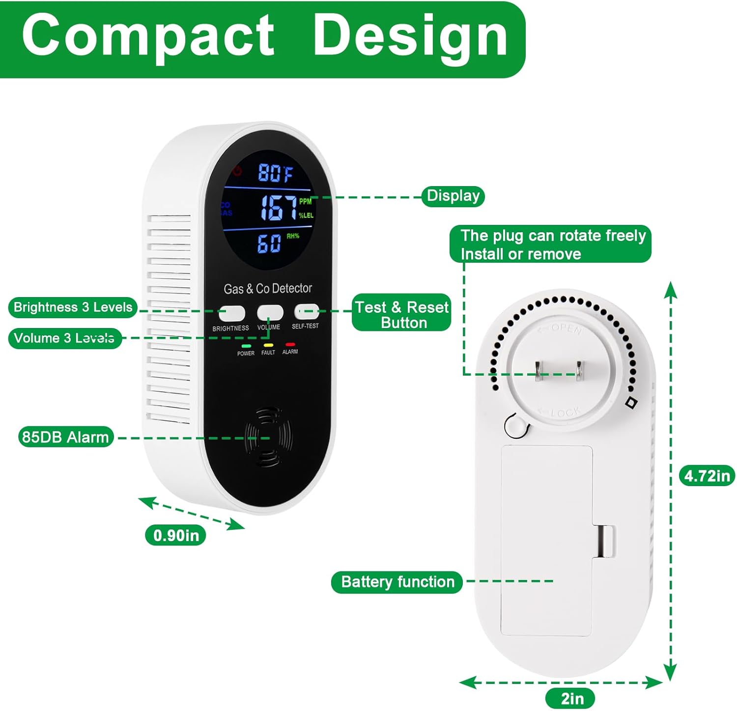 2 Pack 5-in-1 Carbon Monoxide Detector & Natural Gas Leak Alarm,AC-Plug-in CO Alarm & Explosive Gas Detector Battery Backup with 4 sensors,Three Levels Volume & Brightness for Home,RV,Hotel - Image 2
