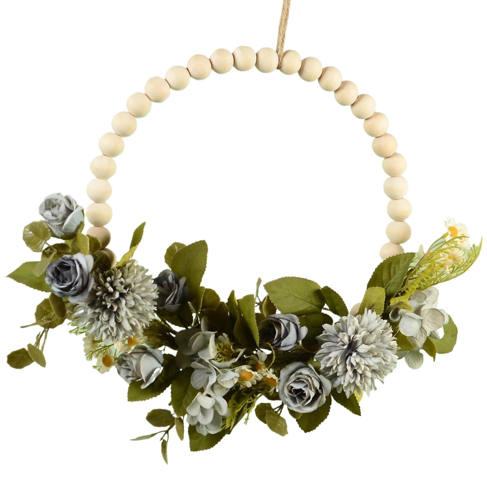 Artificial Flower Wreath Spring Wood Beads for Front Door Hallway Farmhouses Wedding Thanksgiving Festival Artificial Flower