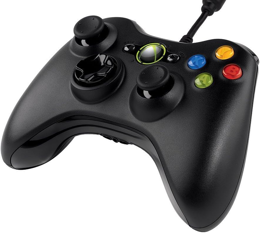 Înclinat view of the Microsoft Xbox 360 Wired Controller, showing the top shoulder buttons and triggers, as well as the USB cable extending from the top.