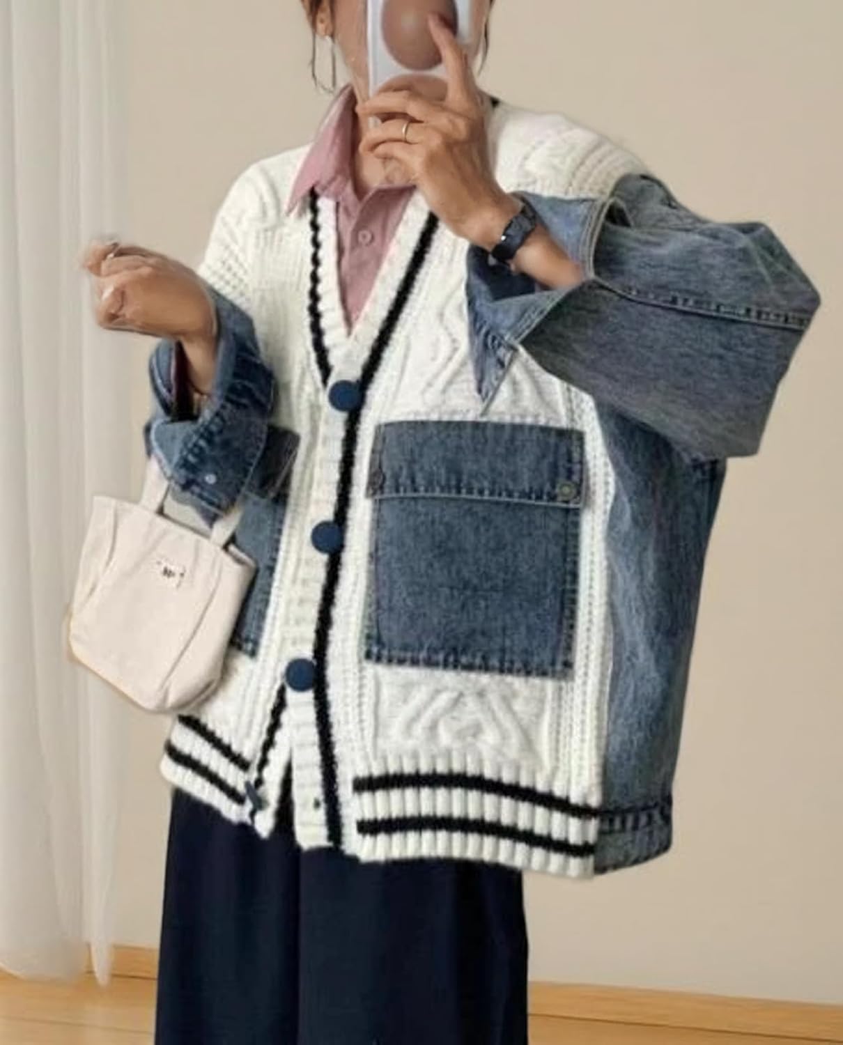 Tbahhir Women Open Front Sweater Cardigan Denim Patchwork Long Sleeve Chunky Knit Button Down Jackets with Pockets - Image 3