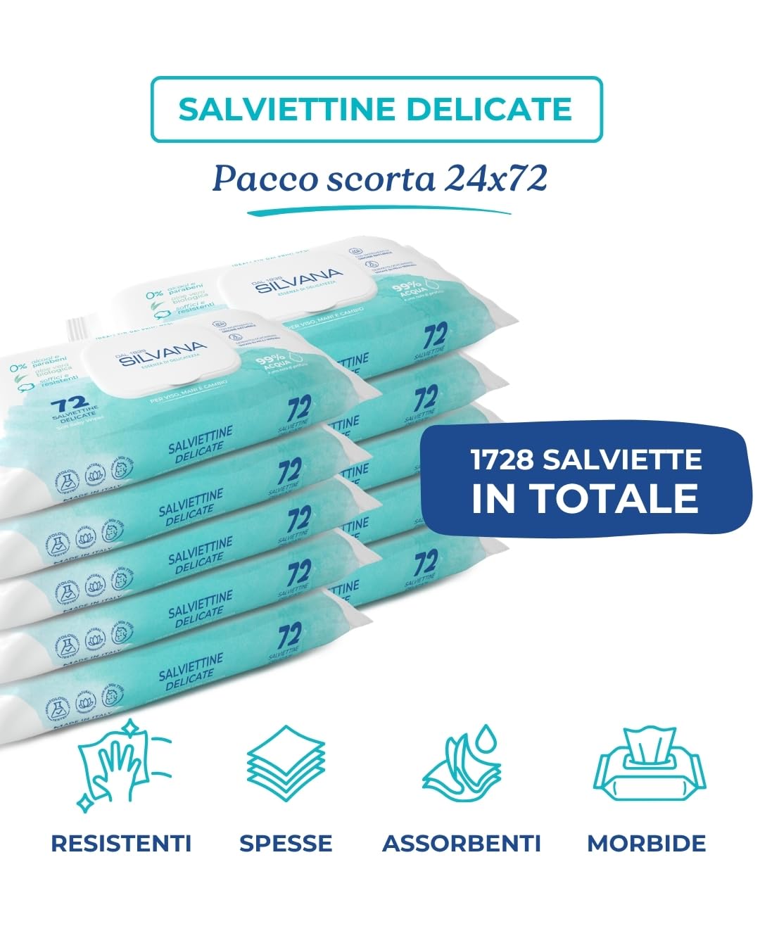 Silvana Salviettine Delicate per neonati e bambini – 99% Acqua– Pelli Sensibili – Senza Alcol (24 confezioni da 72)