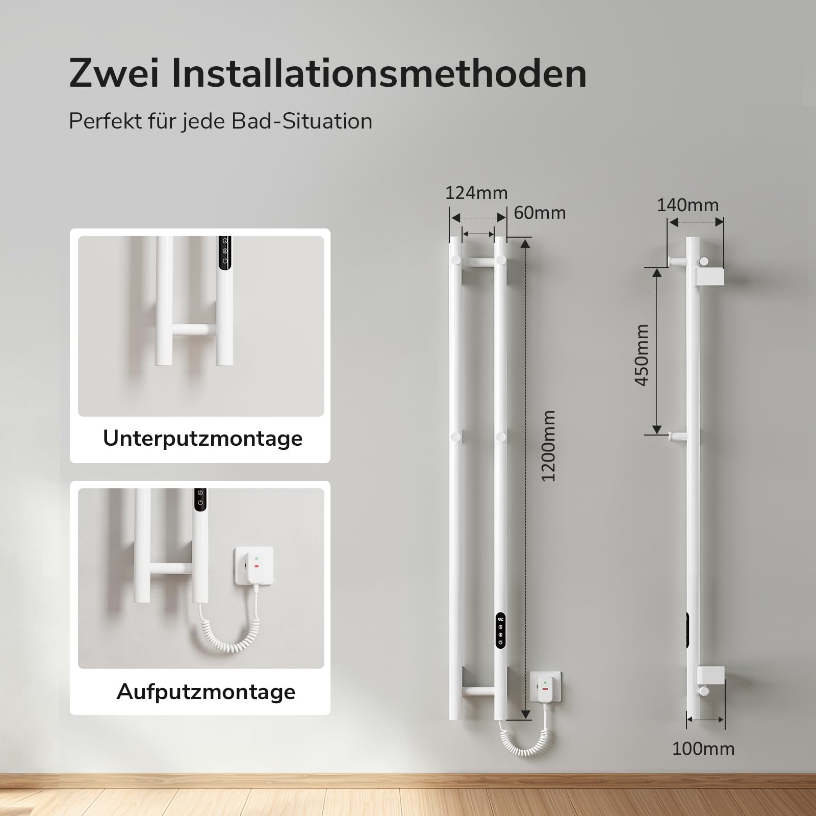 Heilmetz WiFi Handtuchheizkörper Elektrisch Weiß, Vertikal 2-Stangen Badheizkörper mit 4 Haken, Handtuchwärmer mit APP Steuerung, Timer & Temperaturregelung, 1200x124mm, 145W