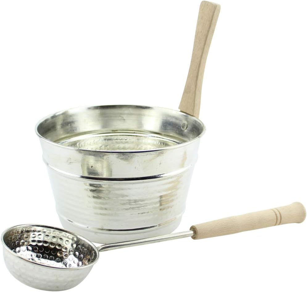 my Hamam Sauna Bucket with Ladle, Tin-Plated Copper, Sauna Accessory, Silver with Elegant Look