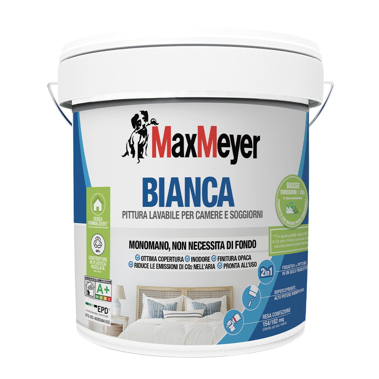 MAXMEYER Bianca Monomano BMB, Pittura per Interni Lavabile, 2 in 1 Fissativo e Pittura, Ottima Copertura, Finitura Opaca, Bianco, 14 Litri