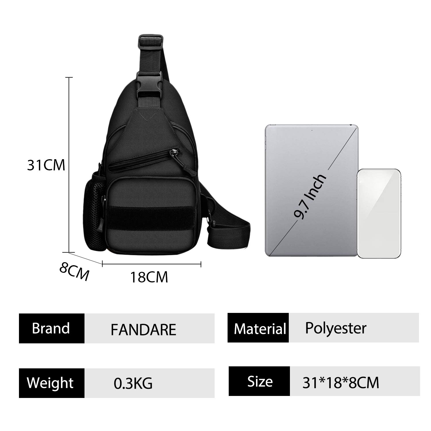FANDARE Taktyczna wojskowa torba na ramię plecak na klatkę piersiową, plecak crossbody, torba na ramię, sprzęt wojskowy, do jazdy na rowerze, kempingu, jazdy konnej, polowania, wędrówek, z portem