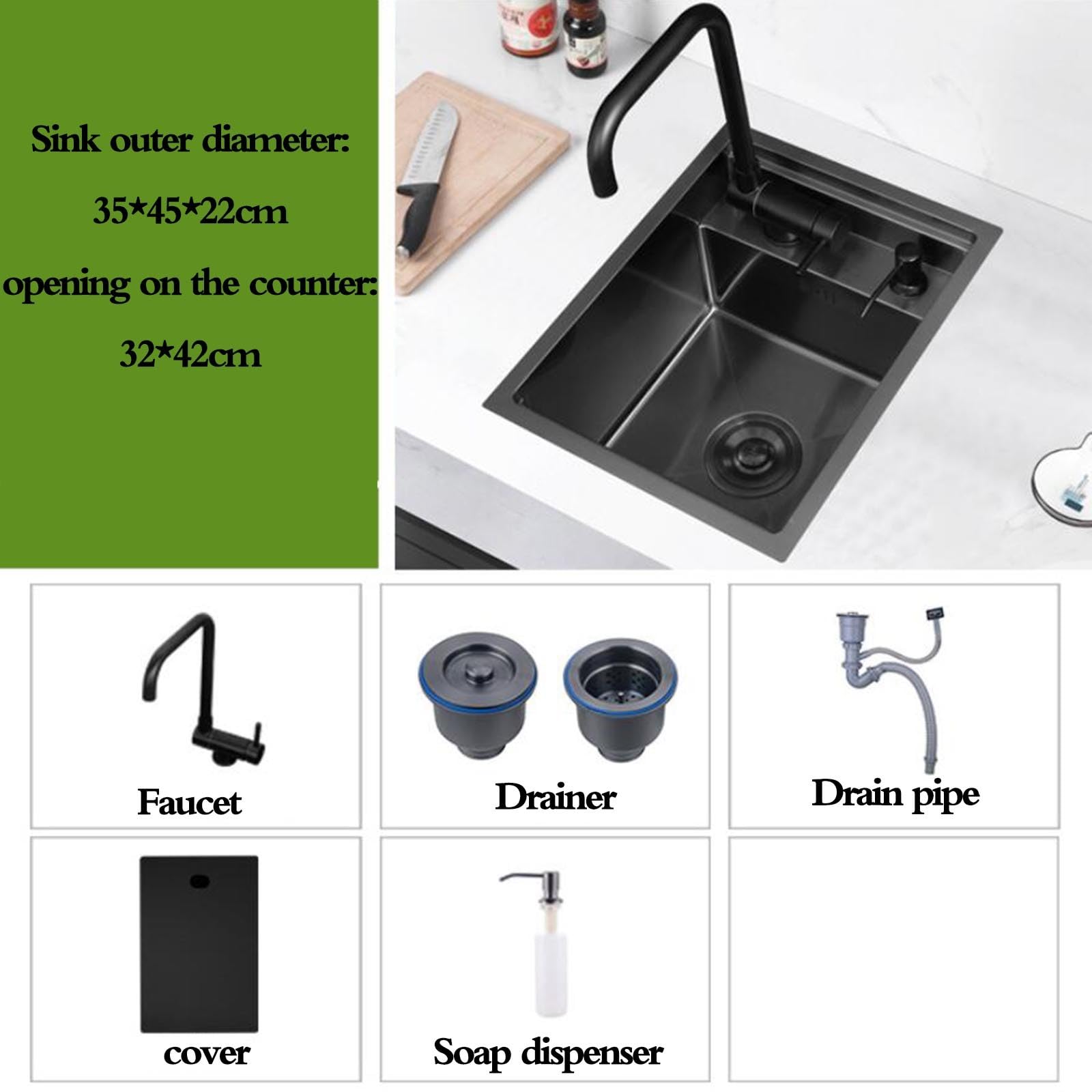 Mini lavello da cucina a vasca singola, sifone nascosto per camper, balcone, bar, caffetteria, lavello da appoggio in acciaio inox con coperchio per soluzioni salvaspazio