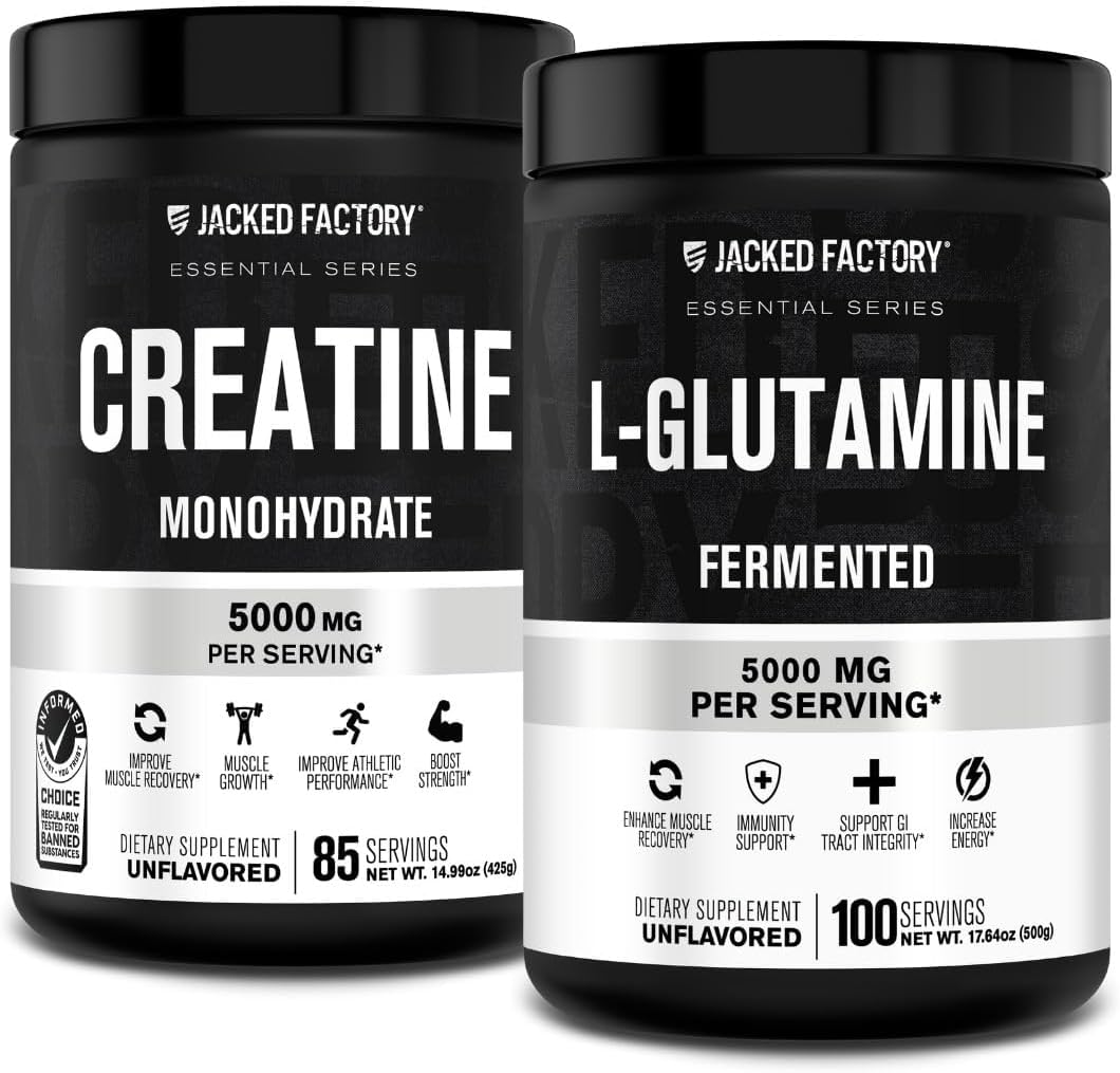 Jacked Factory Creatine Monohydrate Powder 425g, 85 SV & L-Glutamine Supplement 500g, 100 SV - No Artficial Fillers, Unflavored