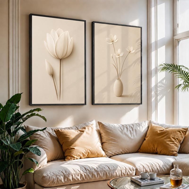 Image of NoWorries Minimal Lotus Flower Wall Painting Set of 2 with Frame | Soft White Floral & Vase Botanical Artwork, Neutral Beige Nature Wall Decor for Living Room, Bedroom, Office and Home Decoration (Art-15, 17x25inch)