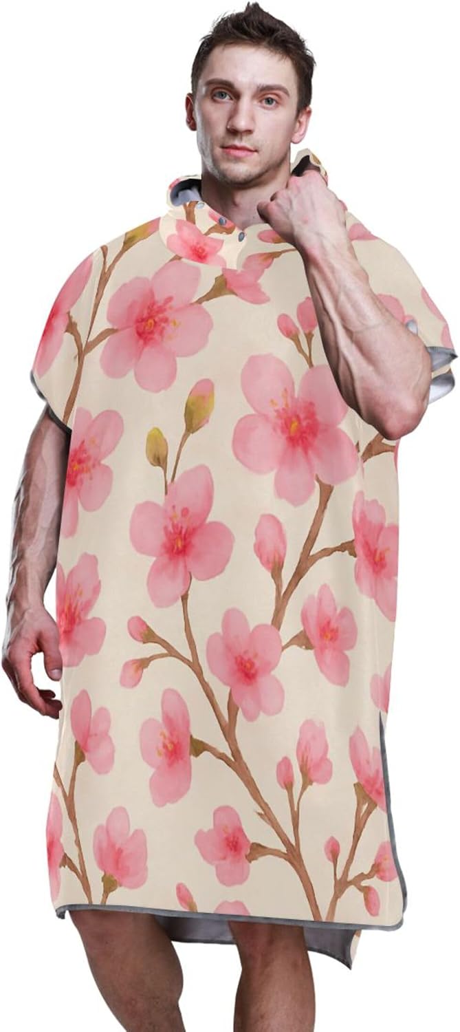 Cherry Blossom Branches Surf Poncho Changing Robe for Adults Hooded Beach Towel Print Reusable Unisex Adult Poncho with Hood One Size